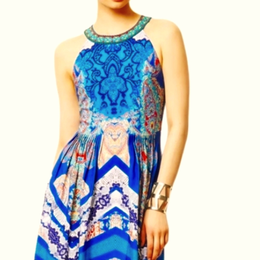 Ranna Gill Boteh Maxi Dress 6 Pleated Embroidered Rhinestone Multicolor - Picture 5 of 13